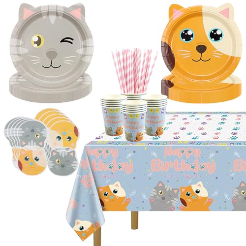 Decoraciones de fiesta con tema de gato, incluye platos, mantel de cumpleaños, servilletas, vasos para decoraciones de fiestas de cumpleaños infantiles, para 20 invitados