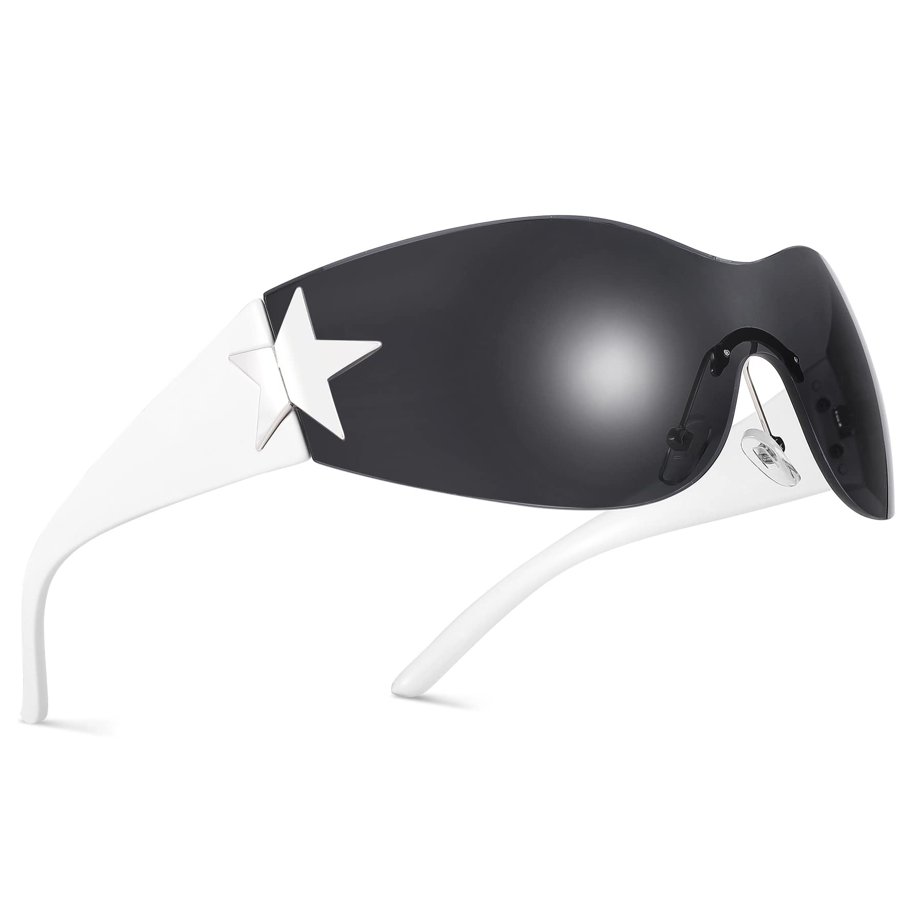 NULOOQ Rimless Y2K Sunglasses for Women Men – Trendy Star Shield Wrap Around Sunglasses Oversized Frameless Sun Glasses
