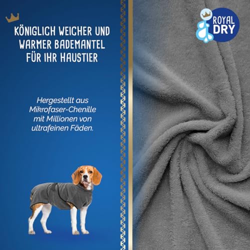 Royal Dry Hundebademantel M – Rückenlänge 50–58 cm – Mikrofaser – Für mittelgroße Hunde – Schnelltrocknend mit Klettverschluss – Grau