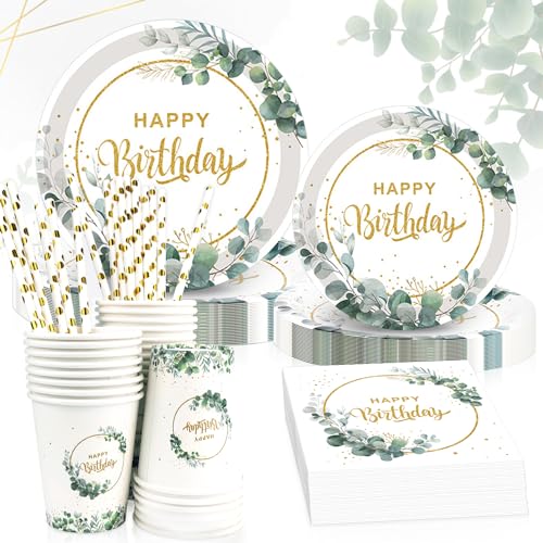 Vaisselle Jetable Anniversaire, 120 PCS Eucalyptus Decoration Anniversaire Assiette Set 25 Invités