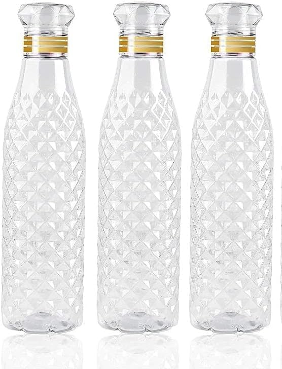Image of Plastic Fridge Water Bottle - Crystal Diamond Cap Water Bottles for Kitchen, Home, Office, School, and Travel Set of (3)