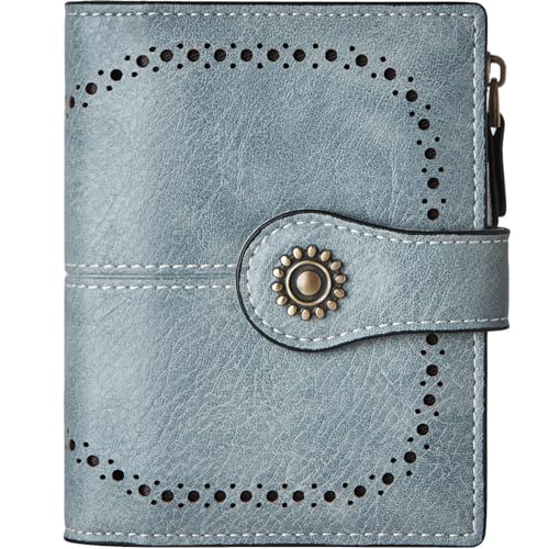 Small RFID Blocking Wallet for Women - Leather Slim Bifold Compact Credit Card Holder With ID Window and Zipper Coin Pocket - Blue Birthday