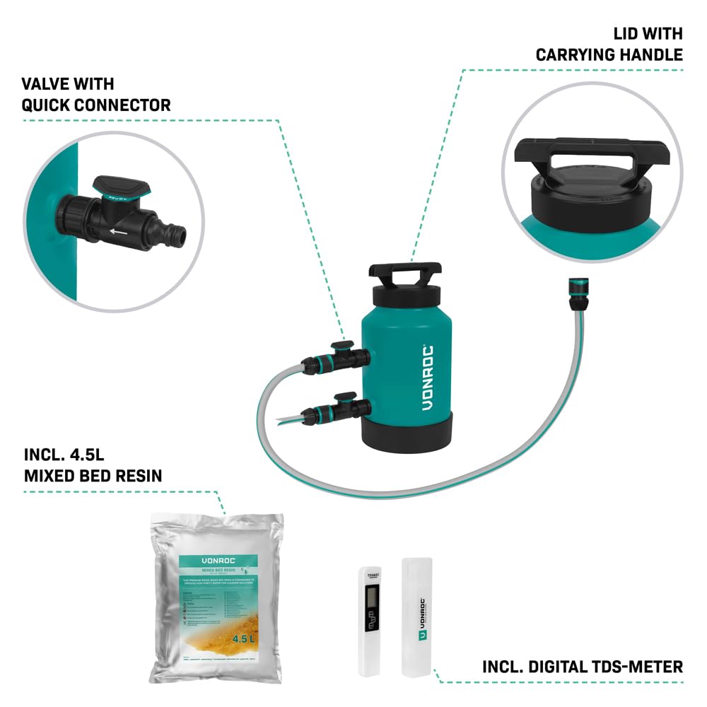 VONROC Kit Pulizia Pannelli fotovoltaici, 6,5m, + Filtro ad Acqua Pura di – Pulizia Senza Aloni per Vetri, Auto, Camper e Pannelli Solari – con Resina 4.5L, TDS Meter, Dosatore Sapone