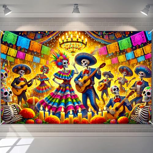BlissYard Dia de Los Muertos Banner 71x43 Inch Day of The Dead Backdrop Mexican Party Banner with Sugar Skulls Marigolds Papel Picado for Day of The Dead Halloween and Party Decorations