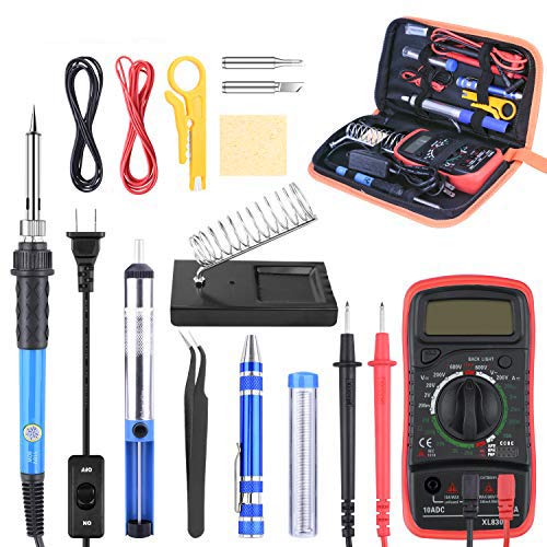 BONROB Soldering Iron Kit,60W Adjustable Temperature Soldering Gun, Digital Multimeter, Soldering Stand, Desoldering Pump, Soldering Wire, 2pcs Soldering Tips BET002