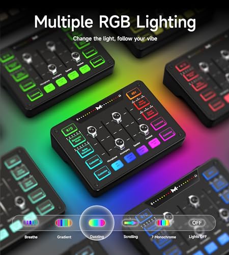 Image of Gaming Audio Mixer, Audio Interface with XLR Microphone Input, Noise Reduction, RGB, Bluetooth, 48V Phantom Power, Voice Changer, Sound Board for Podcast /Recording /Streaming /Vocal /Game (Black)