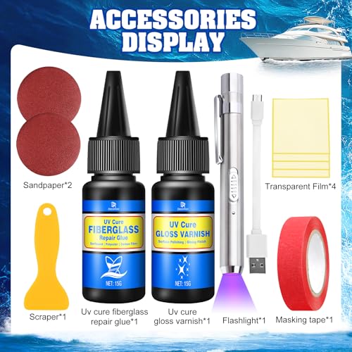 Surfbrett-Reparaturset, Klar Glasfaser Reparaturset mit UV Lampe, Schnell Trocknend für Kohlenstofffaser Polyesterfaser zum Reparieren von Rissen und Löchern in Booten, Jetskis, Yachten, Segelbooten