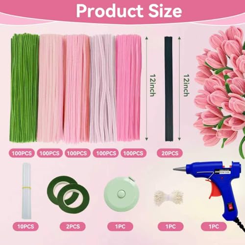 Beginner DIY Pipe Cleaner Craft Starter Kit with Step-by-Step Tutorial Video, 500 Pcs Thick 12in x 8mm Chenille Stems, Holiday & Room Decor, Family Handmade Projects (Pink) — view 2