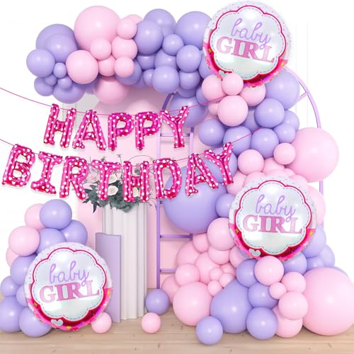 Image of Rozi Decoration Pink & Purple Happy Birthday Decoration Kit for Baby Girl - 50 Pcs Balloon Set, Birthday Decoration Kit for Baby Girl | Party Decoration for Bday