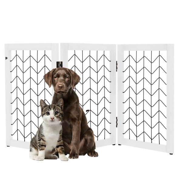 Freestanding Dog Gate - 3-Panel Foldable Indoor Pet Fence - 55x24-Inch Sturdy Metal and Wood Dog Gate - Pet Barrier for Stairs, Hallways, Doorways, or Small Openings by PETMAKER (White)