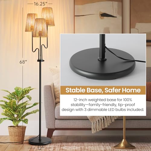 Image of Dimmable Floor Lamp, 68in. Boho Floor Lamps with Natural Shade, 3-Light Tree Lamp for Coastal, Beach or Bohemian Style Decor, E26 Socket, Rotary Switch Standing Lamp for Living room, Bedroom