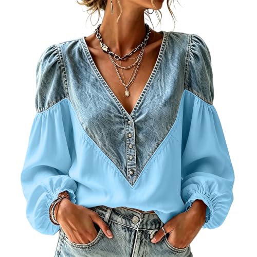 Floral Blouses for Women Denim Patchwork Button Puff Long Sleeve V Neck Top - image 1