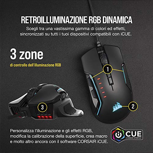 Corsair Glaive PRO RGB FPS/MOBA Mouse Gaming Ottico, 18000 DPI Sensore, Impugnature Intercambiabili, Retroilluminazione LED RGB, Nero