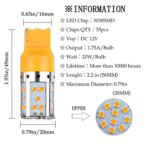 1797 T20 7440 W21W Wy21W Led Bulb No Anti Hyper Flash Amber Yellow Front Rear Tail Turn Signal Lights Lamps Wedge Bulbs Replacement Error Free Super Bright 3030Smd 12V 21W Pack Of 2 #TOP1