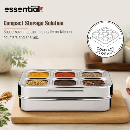 Image of Essential Plus Stainless Steel Multi Use Box, 24.5cm (150ml), See Through Lid, 6 in 1 Masala Dabba / Spice Box for Kitchen, Rectangular Spice Organizer / Masala Dani with 6 Containers, Easy to Clean