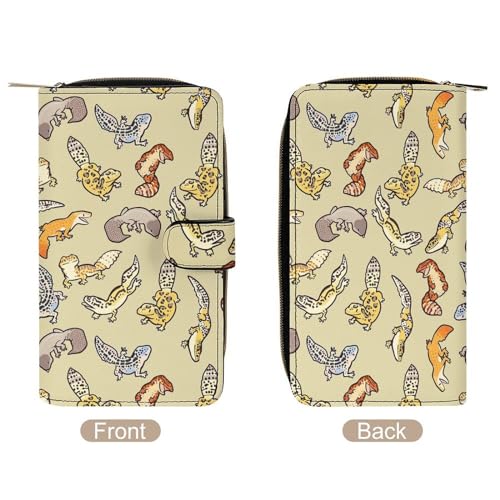 Cartoon Cute Leopard Gecko Pattern Leather Wallets Large Capacity Zipper Pocket Card Holder with ID Window, 19.7x11x3.5cm, style3
