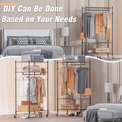 Image of Homdox Heavy Duty Clothing Rack with 3 Tier Adjustable Wire Shelves, Garment Racks for Hanging Clothes, Double Rods Clothing Rack, Freestanding Closet Wardrobe with Side Hooks, Black