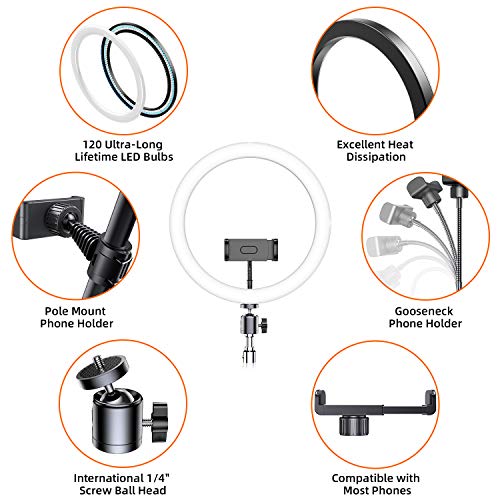 GPEESTRAC 10” Selfie Ring Light with Tripod Stand & 2 Phone Holders & Bluetooth Remote, LED Beauty Camera Ringlight for Photography Makeup Live Steam YouTube Video, Compatible with iPhone & Android