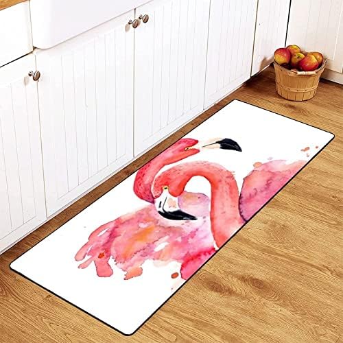 Watercolor Flamingo Kitchen Rugs Pink Flamingo Bath Mat Non Skid Washable Standing Floor Mat Runner Carpet for Bathroom Home Office Farmhouse Hallway Sink Stove Laundry 39*20 Inch