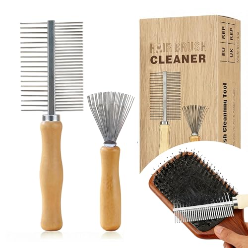 Hair Brush Cleaner Tool, 2 in 1 comb cleaning brush with Eco Bamboo Handle - Deep Clean Hair, Buildup, Rust-Proof Steel Teeth for Boar Bristle, Paddle, Detangling &amp; Styling Brushes