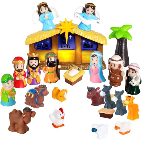 TECHTAIL Nativity Set with Lights, 25 PCS Kids Nativity Playset Small Nativity Sets & Figures for Pretend Play, Unbreakable Christmas Manger Scene for Kids, Children, Toddler, Xmas Decoration