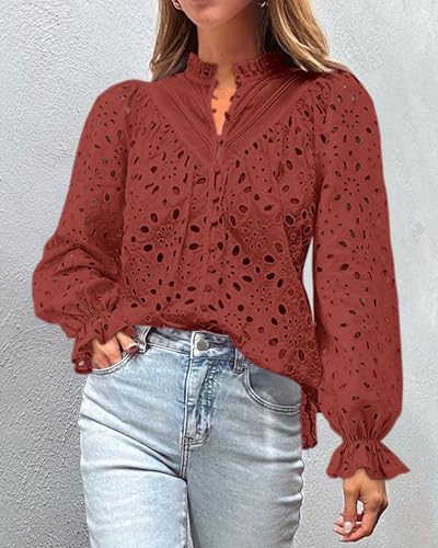 PRETTYGARDEN Women's Dressy Casual Blouse Tops Fall Spring Puff Long Sleeve Button V Neck Hollow Out Lace Embroidered Shirts3