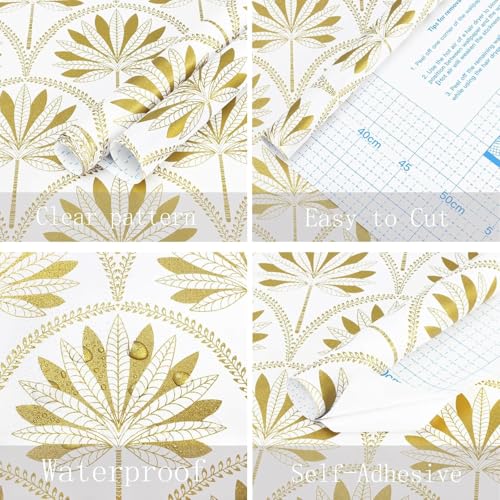 Image of Veki Luxury Floral & Botanical Geometric Wallpaper Mural - Waterproof, Moisture-Proof, Self-Adhesive PVC Wall Sticker for Home & Hotel Decoration (45cm x 300cm) (White Gold Leaf)