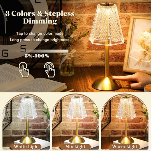 Image of Liliful 2 Pcs Cordless Table Lamp Rechargeable Touch LED Small Gold Portable Battery Operated USB-c Desk Lamp 3 Color Dimmable for Bedroom Living Room Dining (Gold,Hexagonal Diamond Style)