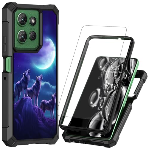 ACWDMKH for Motorola Moto G 5G 2025 Case with Screen Protector [Tempered Glass] Rugged Dual Layer Protection Shockproof Corner Silicone Bumper Phone Case for Moto G 5G 2025,Cute Wolf Moon