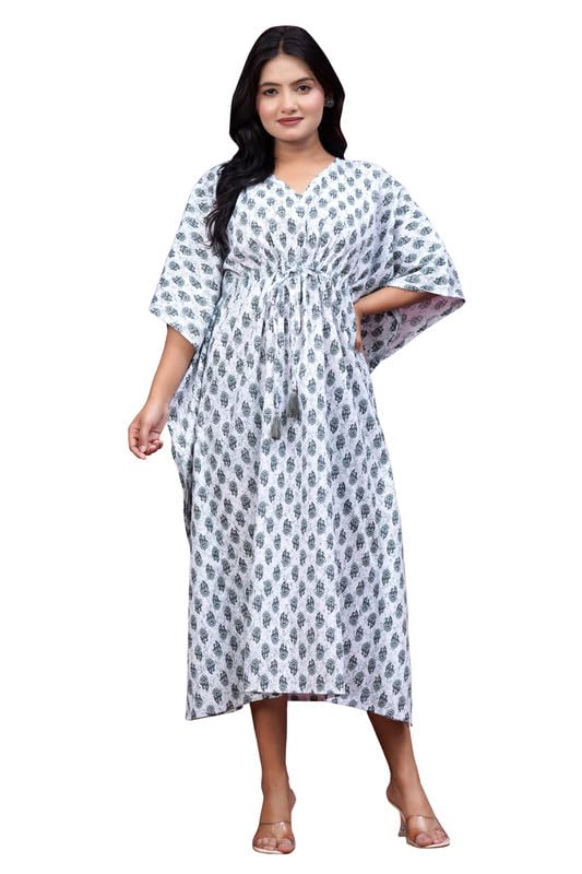 Women Cotton Printed Kaftan (White)-image-13