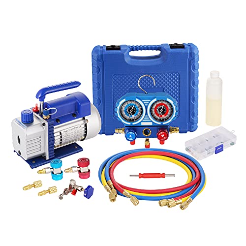 3.6CFM 1 4HP Single-Stage Vacuum Pump and Manifold Gauge Set R410A, R22, R134A, R404A Anticollision with Carrying Tote for HVAC A C Refrigeration Recharging and Maintenance