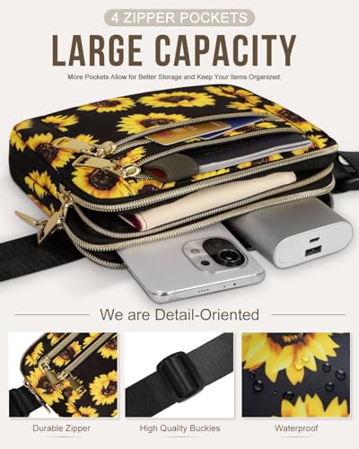 Image of Fanny Packs for Women 4 Zip Pocket Crossbody Belt Bag Waist Bags | Waterproof, Fashion Waist Pack, Crossbody Bags for Women, with Adjustable Strap, for Workout,Running,Traveling(Sunflower,M)