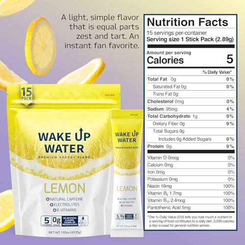 Wake Up Water 21075 Energy + Hydration Sugar Free 15 Packet, Lemon Flavor - Energy Drink Powder thumb #1