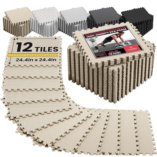 Image of bemaxx Gym Mats Set - 12 pcs EVA Interlocking Foam Floor Tiles (24.4 inchx24.4 inchx0.4 inch) 48 sqft Protective Gym Flooring Sports Home Workout Exercise Mats Puzzle Garage Fitness Play-Room Pool Treadmill Bike