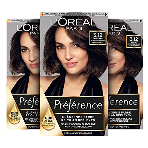 L'Oréal Paris Préférence 3.12 Intensive Cool Dark Brown - Juego de 3 tintes permanentes para el cabello con coloración y bálsamo para el cuidado del cabello