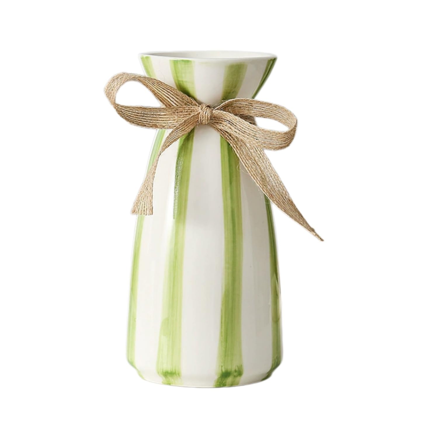 Striped Ceramic Flower Vase Farmhouse Decorative Flower Vase Vertical Stripe Ceramic Vases with Jute Bow for Pampas Grass, Fresh Flowers, Dried Flowers, Green