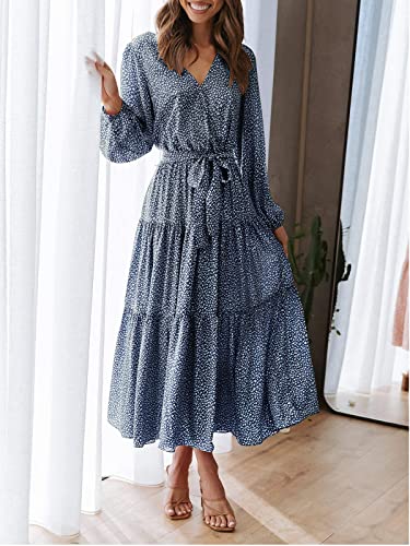 Prettygarden Women's Long Sleeve V Neck Leopard Print Ruffle Tiered Maxi Dress Tie Waist Boho Chiffon Flowy Long Dress (Blue, Large) #TOP3