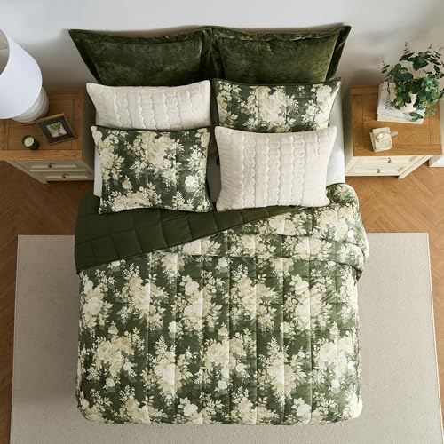 Image of Wonderful Luxury Velvet Quilt Set with Elegant Floral Printed,Queen Quilt Set with Shams,Green Soft Cozy for Bedspread /Light Comforter,All-Season,Pet-Friendly,Fit for Adults Teens Kids Bedroom,94 inchx94 inch