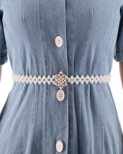 Women Pearl Waist Belt Elastic Wedding Bridal Belt with Rhinestone Crystal Sash Bridesmaid Dress Belt Retro Waistband