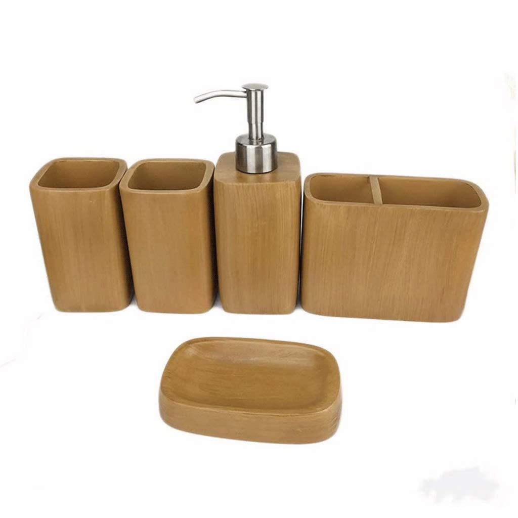 Distributeur de Savon, Ensemble d'accessoires de Salle de Bain 5 pièces, Collection Motif marbre, Imitation Bois, Pompe, Porte-Brosse à Dents, Plateau Distributeur