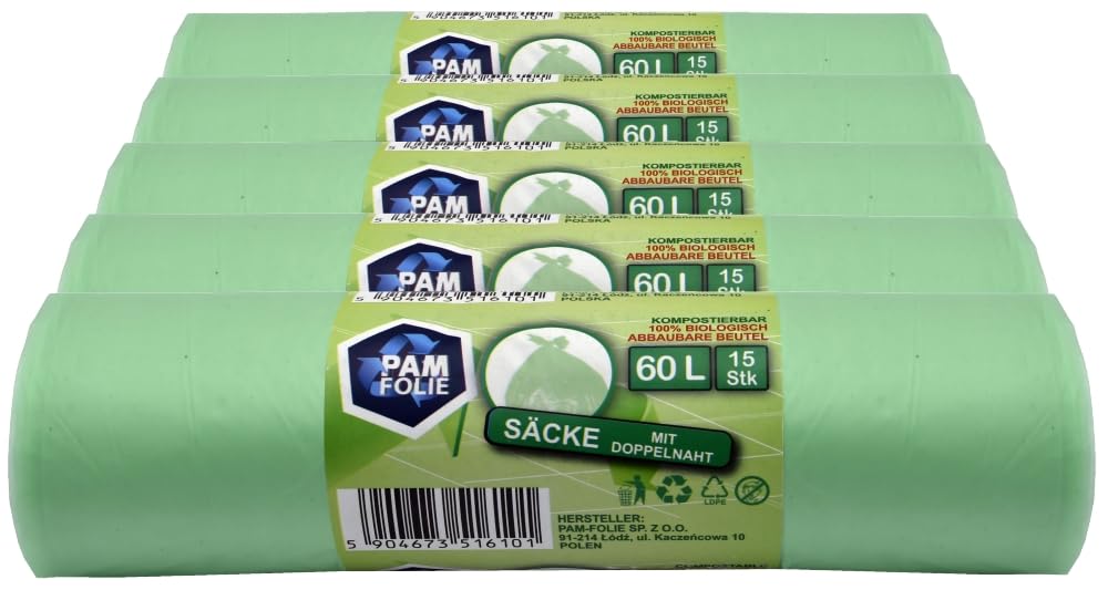 Pam-Folie 60 Organic Rubbish Bags - Pack Of 75 - Compostable Bin Bags - Rolls - Organic, Tear-Resistant Waste Bags For Organic Bin, Residual Rubbish Bin, Kitchen, Office, Living Room Size 5