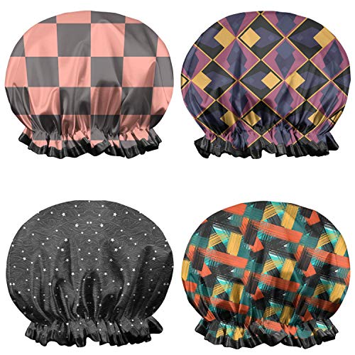 4-Pack Shower Caps for Women Popular Orange and Black Checkered Double Waterproof Layers Bathing Shower Cap Reusable Shower Caps