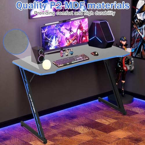 Image of 47 Inch Modern Gaming Desk for Home Office, Z Shaped Computer Desk for Teen, Large PC Gaming Table Adjustable Feet with Headphone Hook & PVC Surface