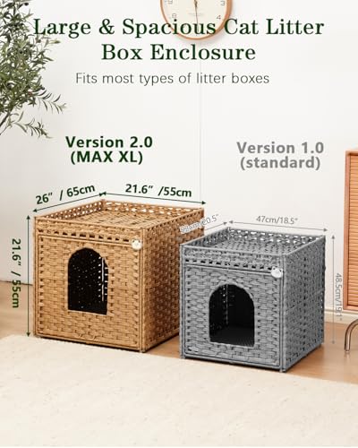 Image of SETVSON Cat Litter Box Enclosure Furniture, Large PE Rattan Cabinet,Natural | Large PE Rattan Kitty House fits Large Litter Boxes, Included Litter Mat, 2 S-Hooks, Metal Frame, 21.6x26x21.6 In Cat Cabinet