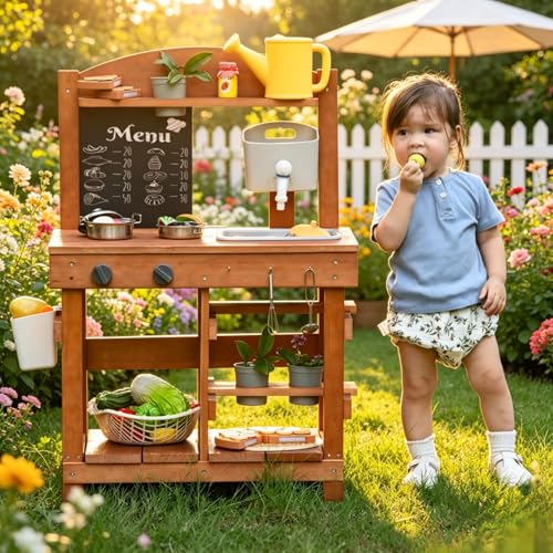 Image of Kids Mud Kitchen Outdoor 23.6in, Wooden Play Kitchen with Sink & Stove, Utensils, Mud Kitchen for Kids Outdoor