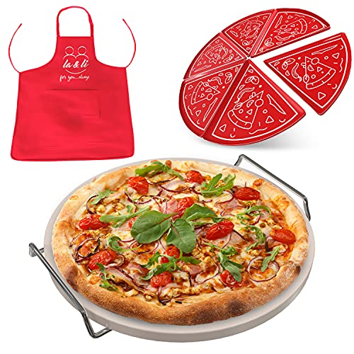 13" Ceramic Pizza Stone Set – Premium Round Baking Stone for Grill or Oven + Multipurpose Rack with Handles, 6 Plates, Apron – Cooking Supplies for Evenly Baking Pizza, Bread, Cookies by La&Li 13" Ceramic Pizza Stone Set – Premium Round Baking Stone for Grill or Oven + Multipurpose Rack with Handles, 6 Plates, Apron – Cooking Supplies for Evenly Baking Pizza, Bread, Cookies by La&Li