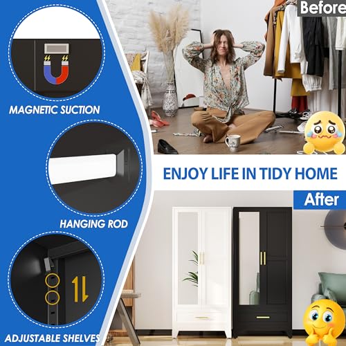 Image of GAIOUS Steel Armoire Wardrobe Closet with Mirror Door and Drawer 71 inch Black