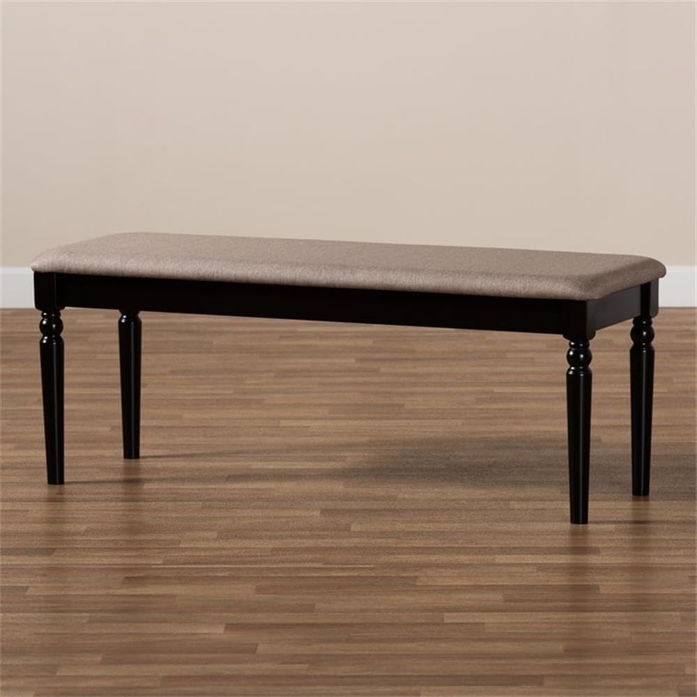 BOWERY HILL Modern Upholstered Dining Bench, Oak and Rubberwood, Dark Brown Finish, Foam Padded Polyester Cushion, 47.8" Wide x 16.1" Deep x 18.9" High, Ball Turned Legs, Versatile Dining or Entryway