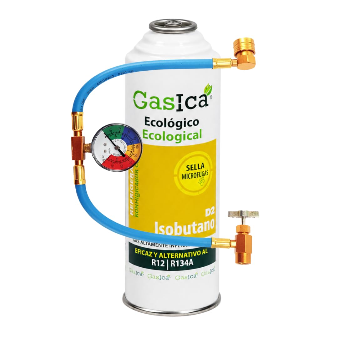 Gasica D2 Gas Refrigerante Orgánico Ecológico, Kit de Carga con Manómetro, compatible con R12 R134A, 226gr, para sistemas de aire acondicionado de automóviles