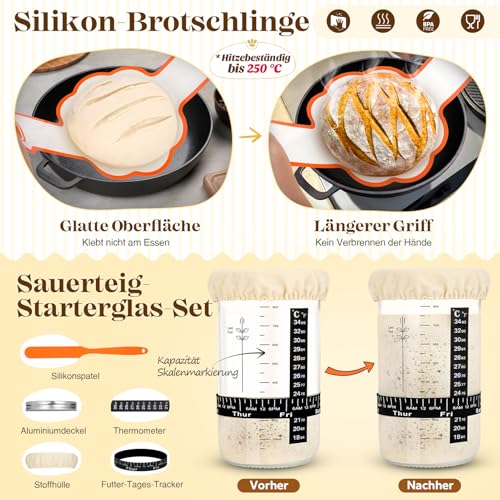 Gärkörbchen Für Sauerteig Starter Set, 25cm & 23cm Gärkorb Brot Brot Backen Mit Sauerteig Starterglas, Brot Backen Startver Set Großes Geschenk Für Anfänger, Bäcker
